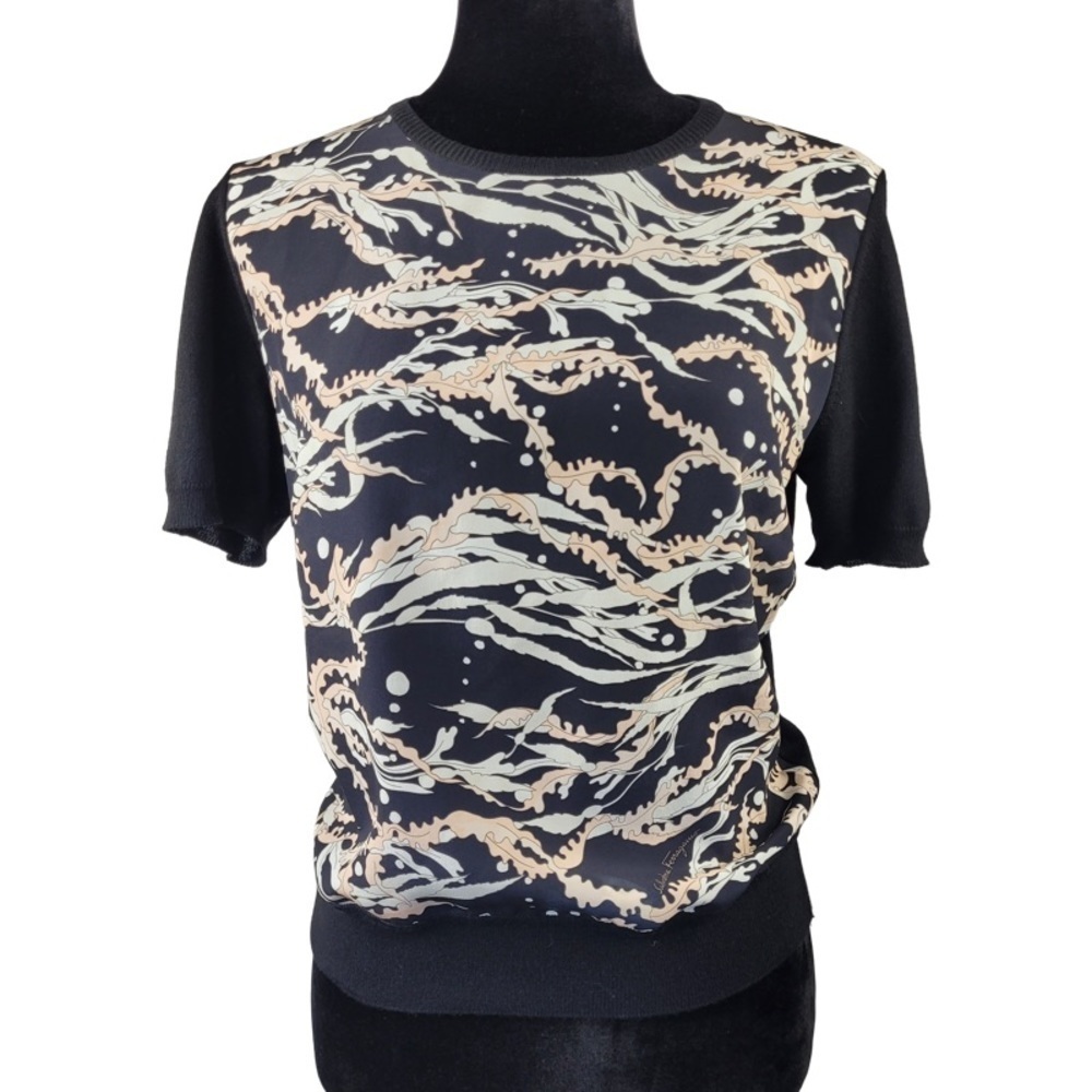 SALVATORE FERRAGAMO Shirt Pullover Black Wool Silk front Short Sleeve size M
